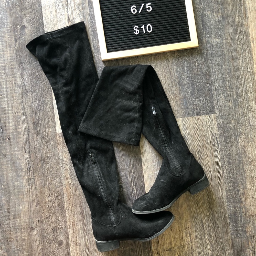 Black faux suede knee high boots